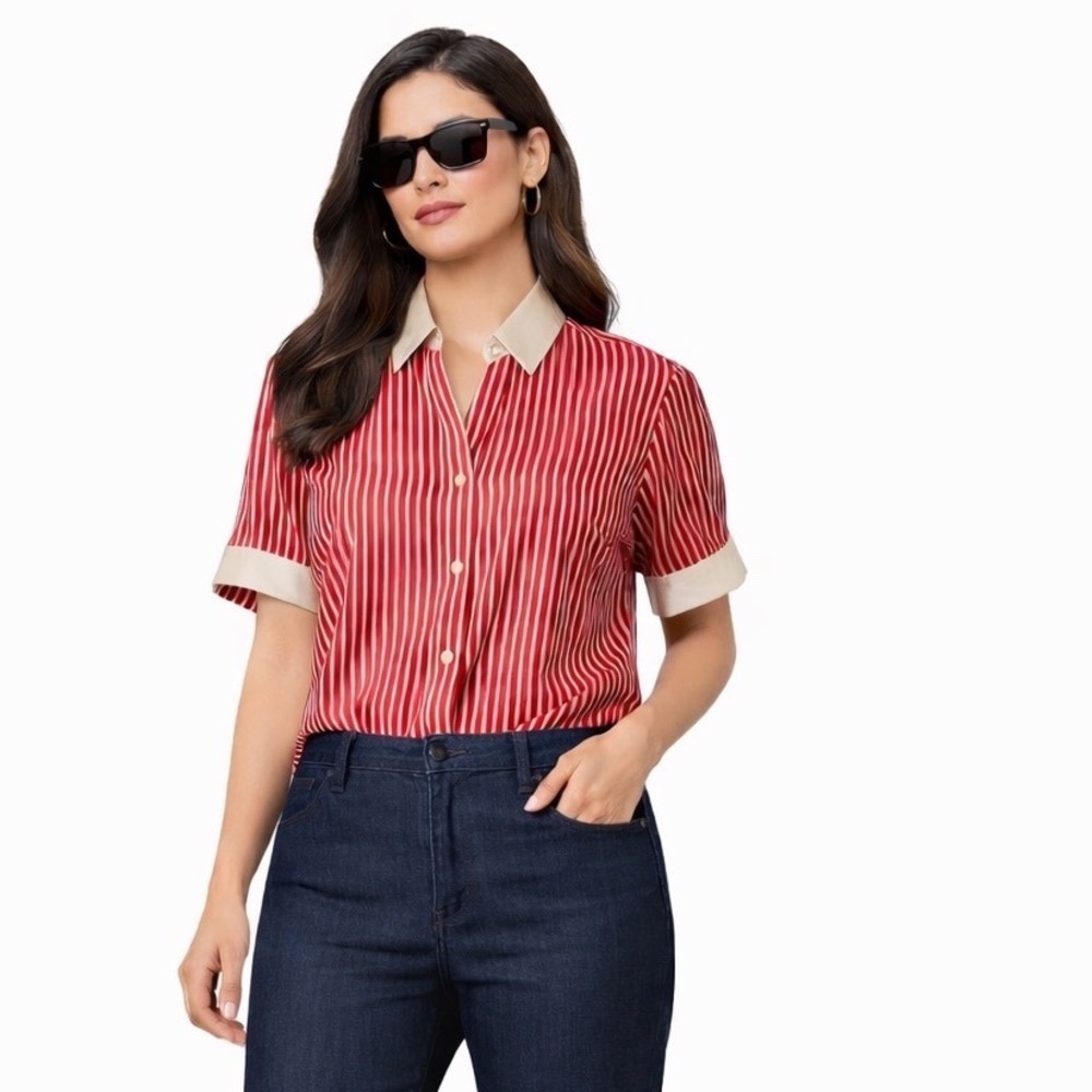 Chloe Red White Stripe Button Up Short Sleeve Collared Shirt Size 46‎ Large